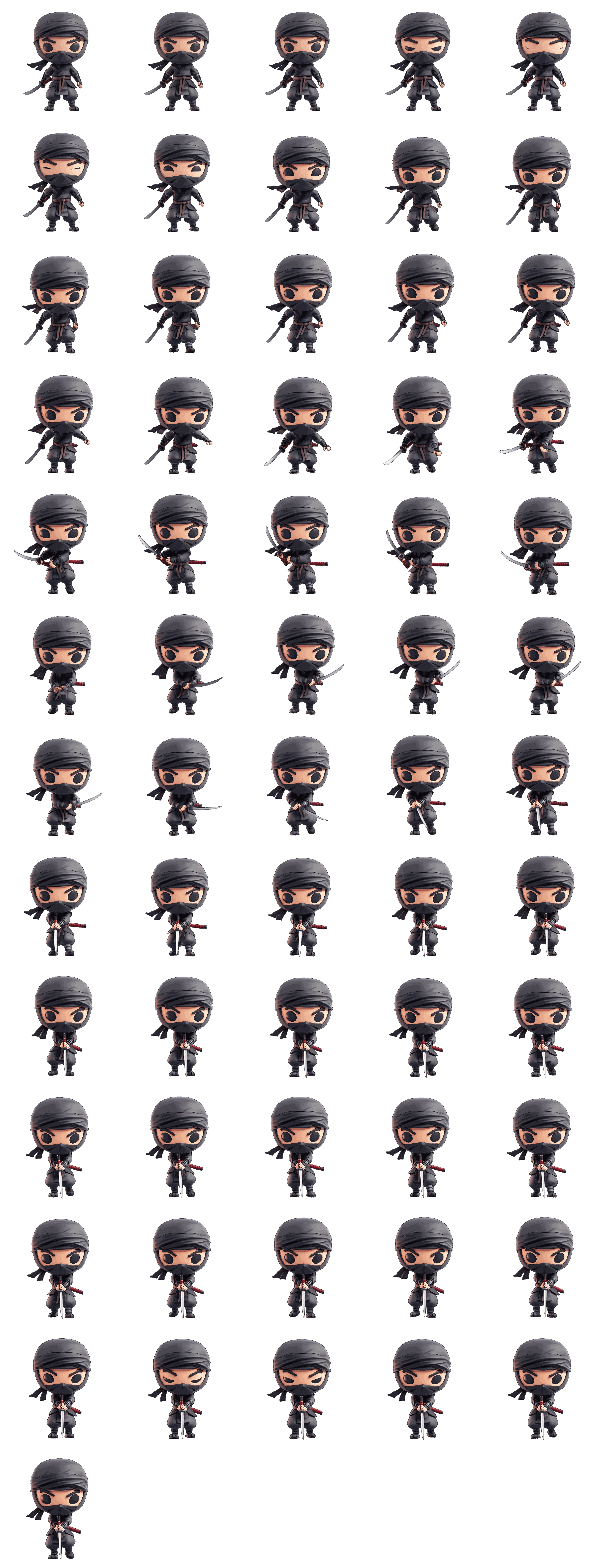 Chibi ninja idle sprite sheet, 5 columns × 13 rows of 960×960 frames