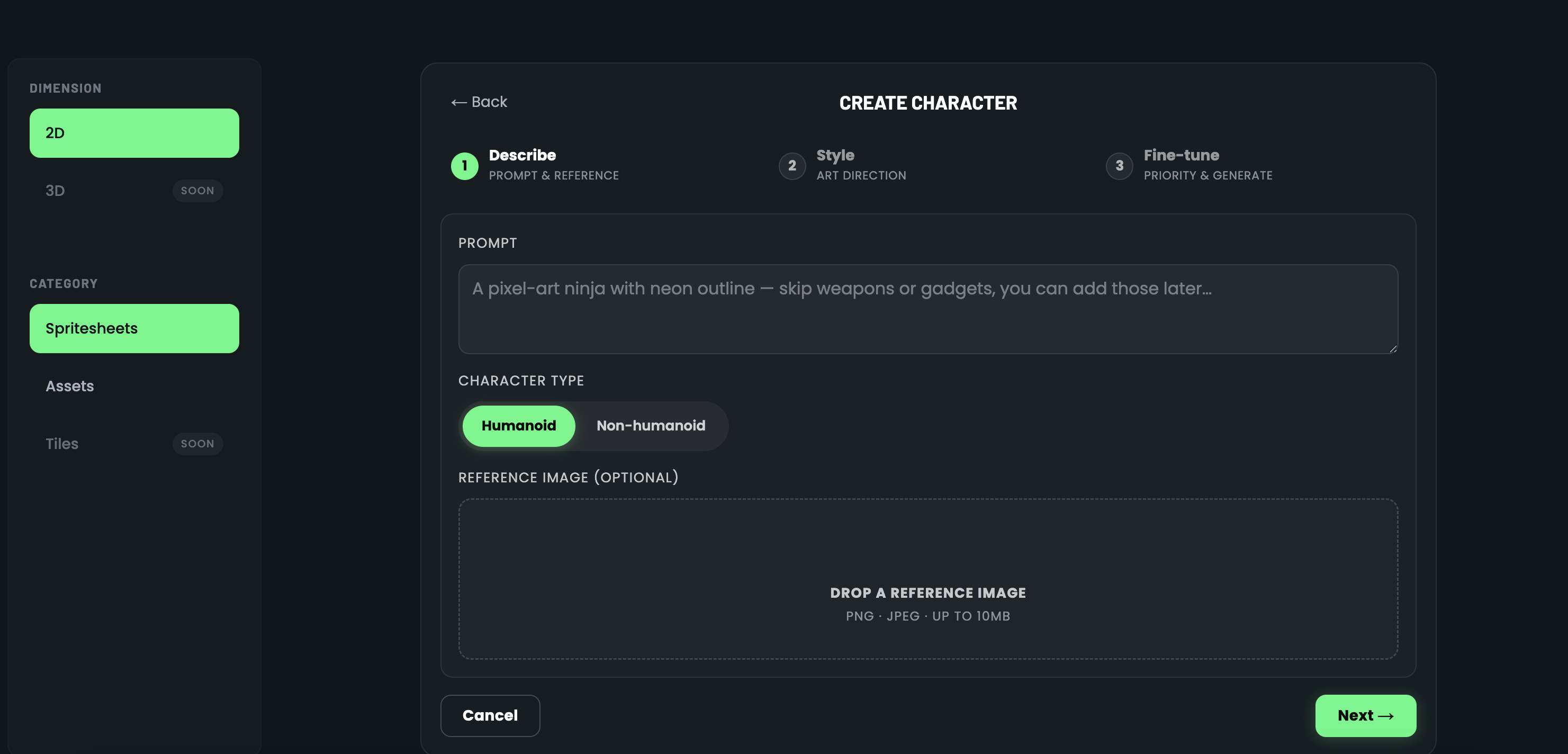 Character creation wizard showing prompt input, reference image upload, and humanoid toggle