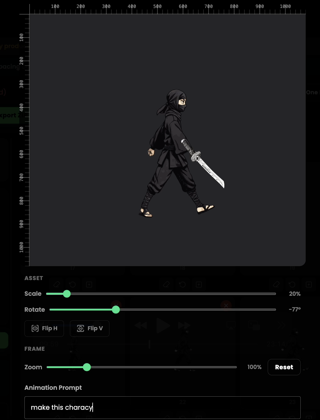 Asset combiner positioning an asset on a character frame with scale, rotate, and flip controls