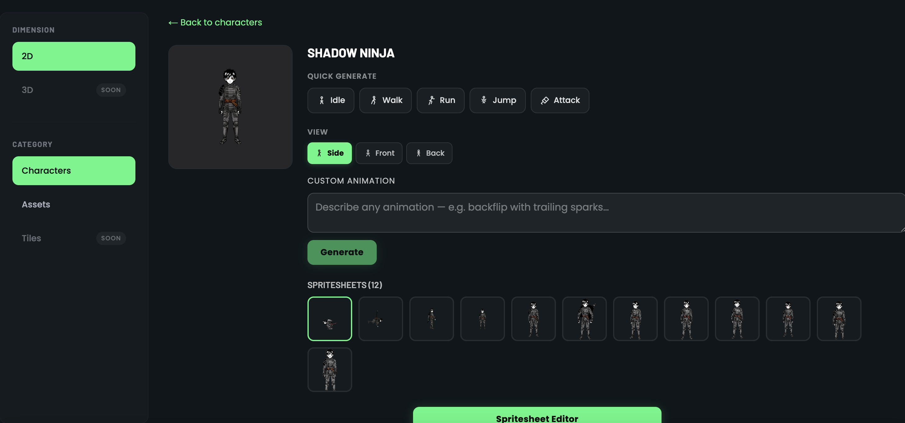Spritesheet generation dashboard with quick actions, custom prompt input, and camera angle selector