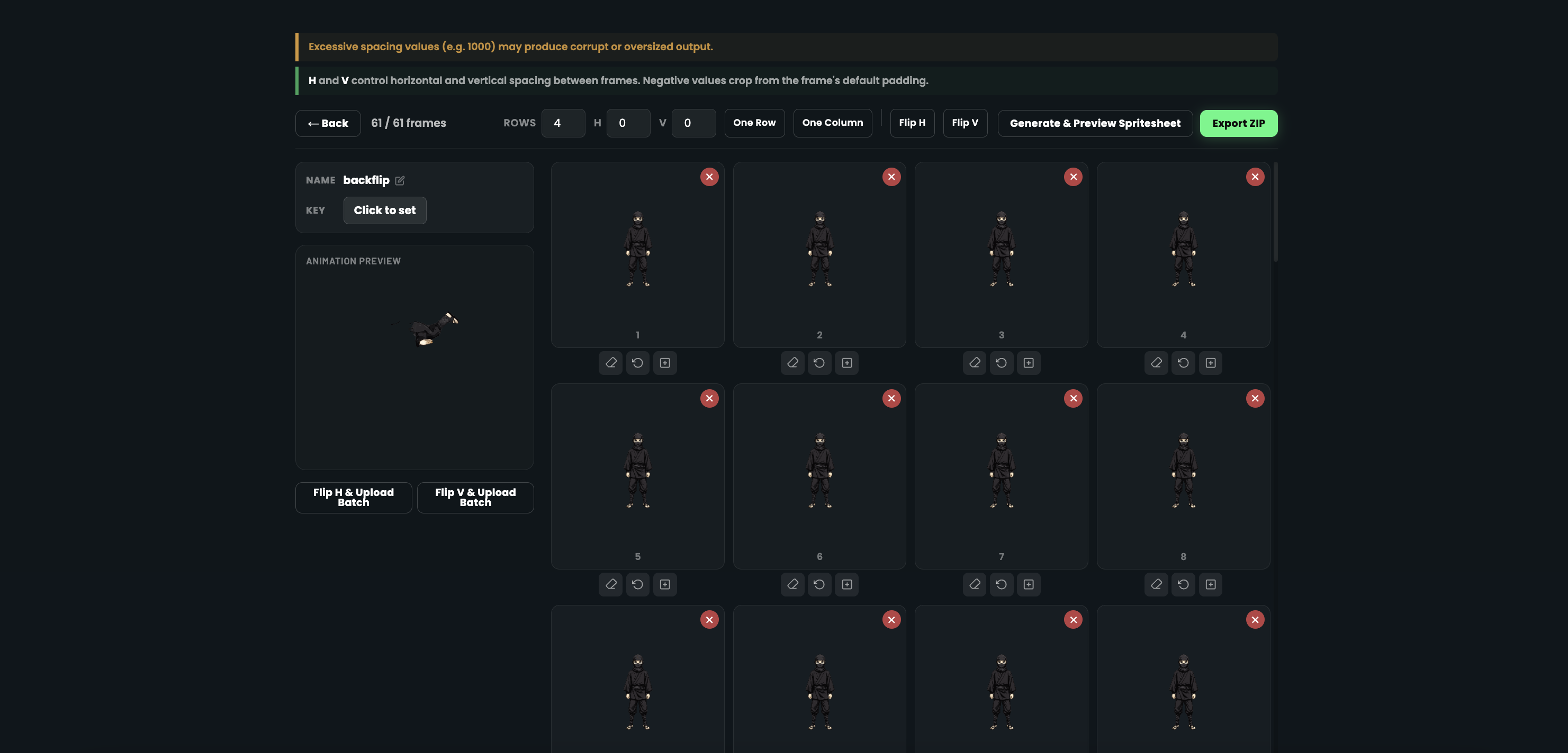 Spritesheet editor view showing individual frames laid out in sequence with animation preview and editing controls
